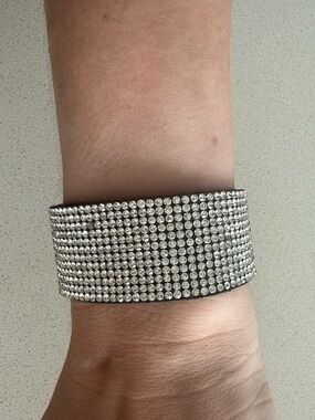 Silver Rhinestone Wrap Snap Bracelet Cuff Black Faux Suede